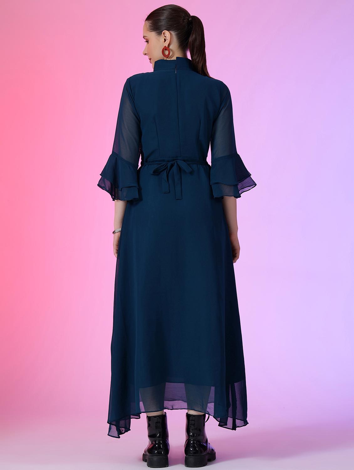 women solid mandarin neck fit & flare maxi dress - 21992640 - Standard Image - 2