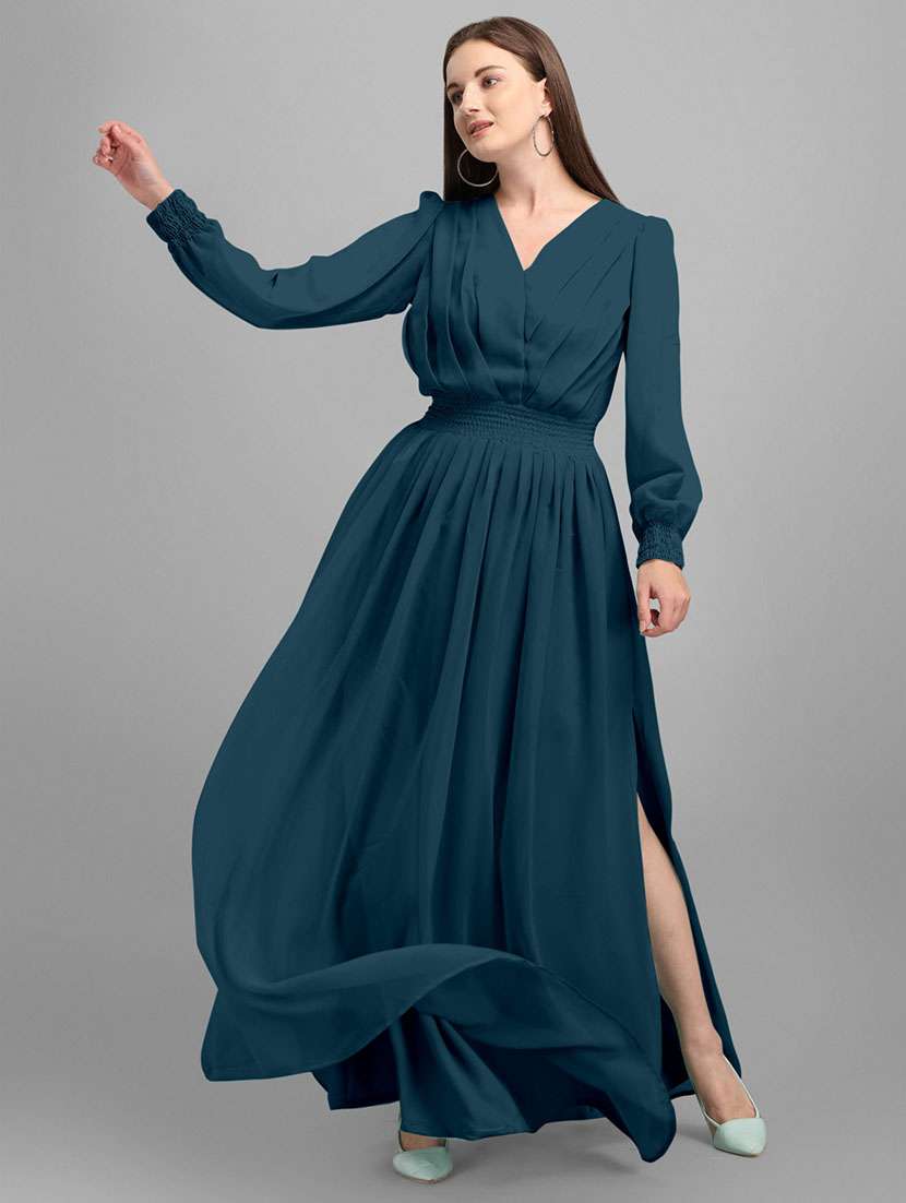 women solid puff sleeve fit & flare maxi dress