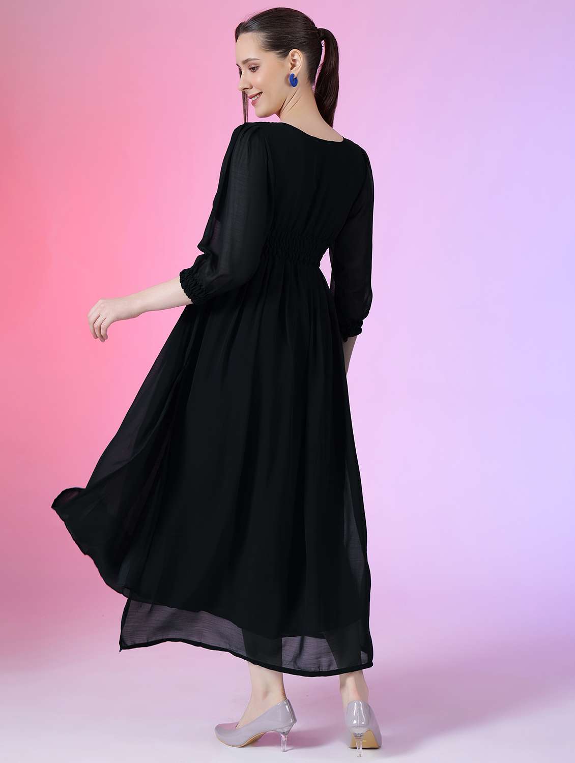 women solid puff sleeve fit & flare maxi dress - 21992659 -  Standard Image - 2