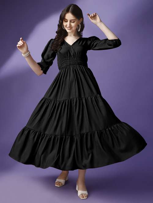 women solid puff sleeve tiered maxi dress - 21992681 -  Standard Image - 0