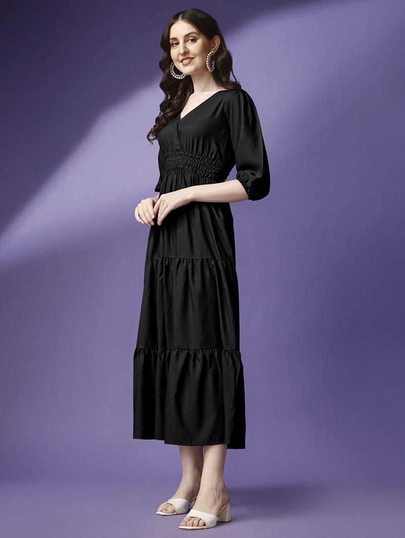 women solid puff sleeve tiered maxi dress - 21992681 - Standard Image - 2