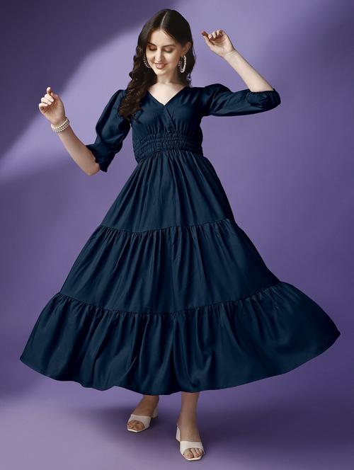 women solid puff sleeve tiered maxi dress - 21992682 -  Standard Image - 0