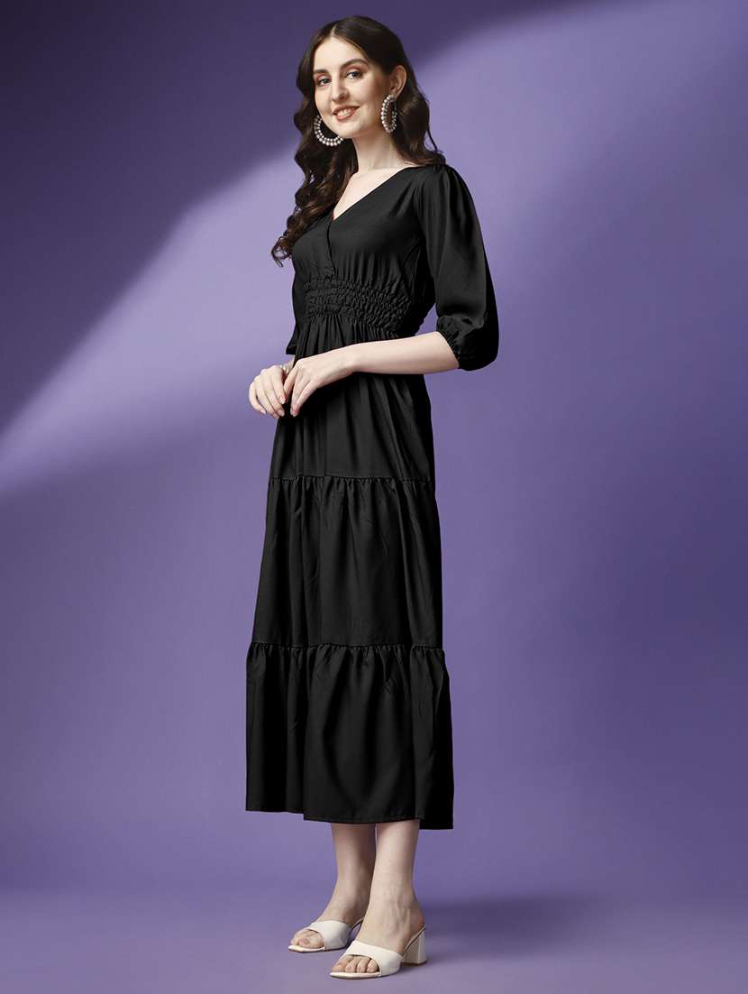 women solid puff sleeve tiered maxi dress - 21992683 - Standard Image - 2