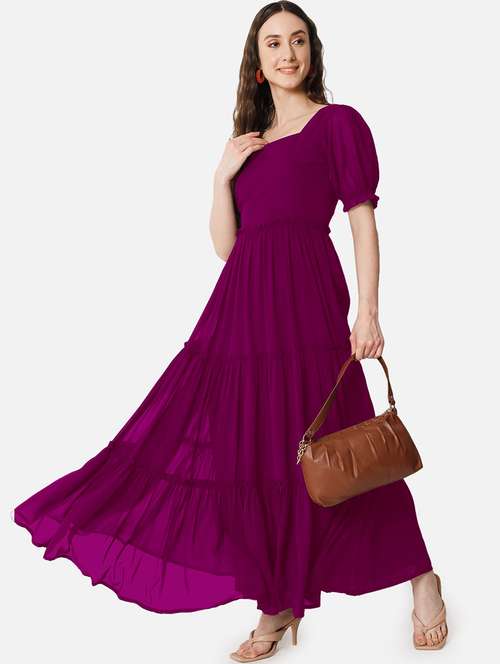 women solid puff sleeve tiered maxi dress - 21992711 - Standard Image - 0