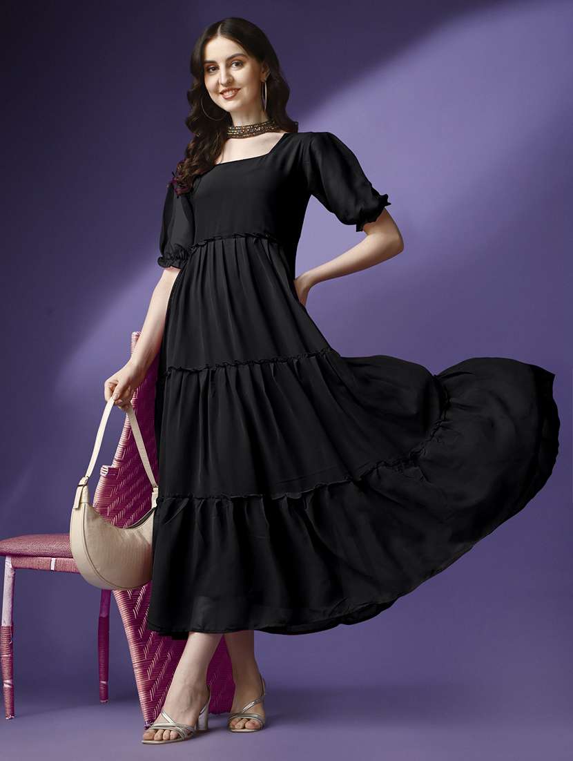 women solid puff sleeve tiered maxi dress
