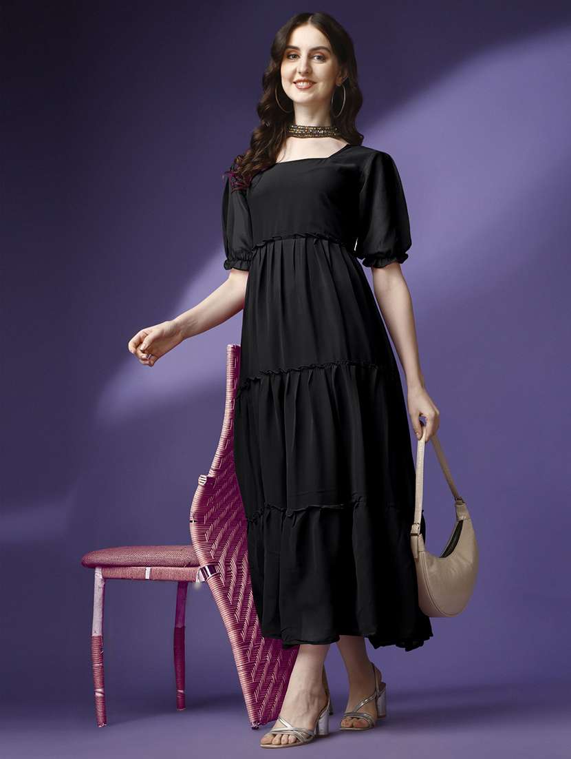 women solid puff sleeve tiered maxi dress