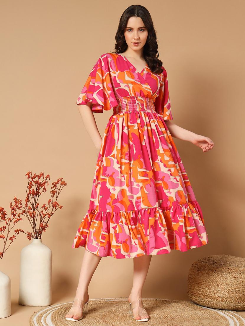 women printed flared sleeve tiered dress - 21993021 - Zoom Image - 0