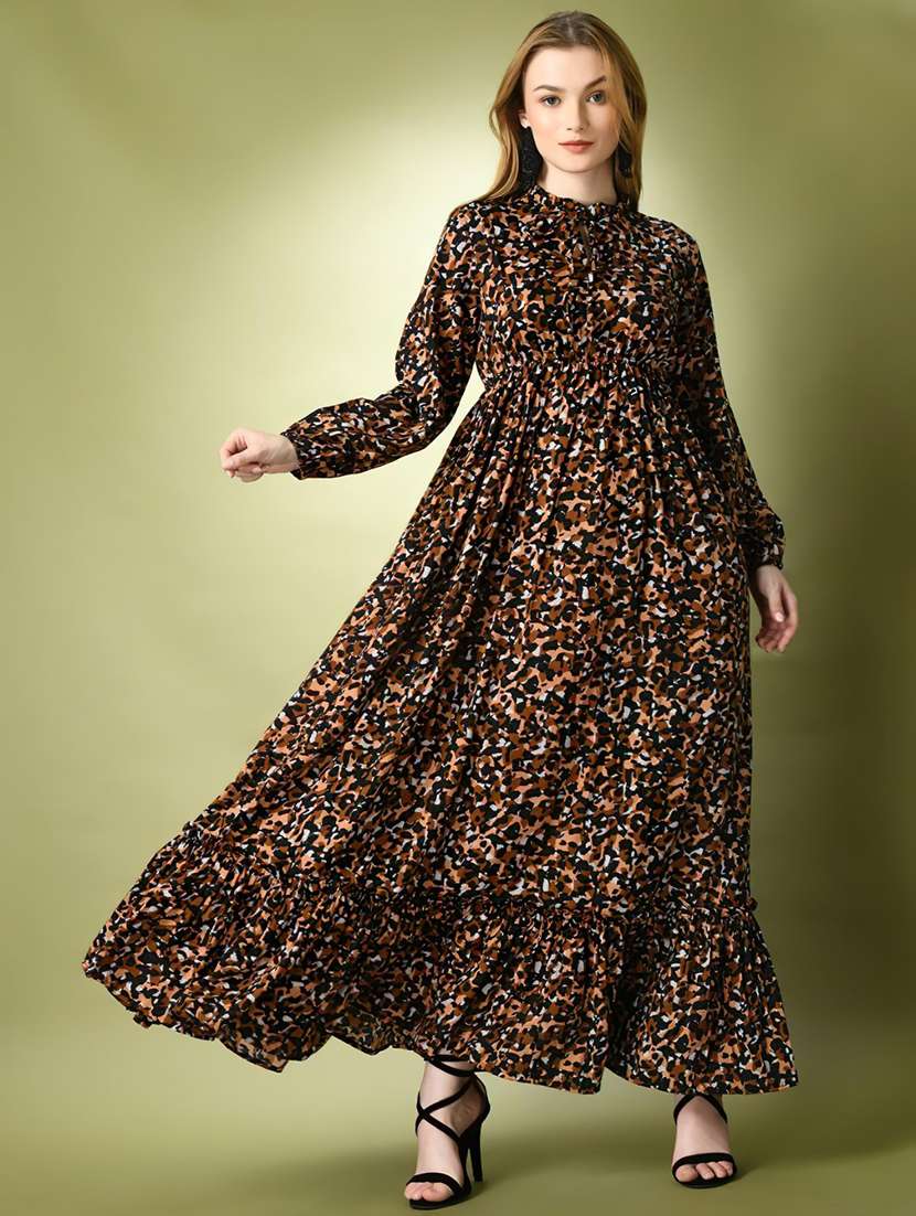 women animal print puff sleeve tiered maxi dress