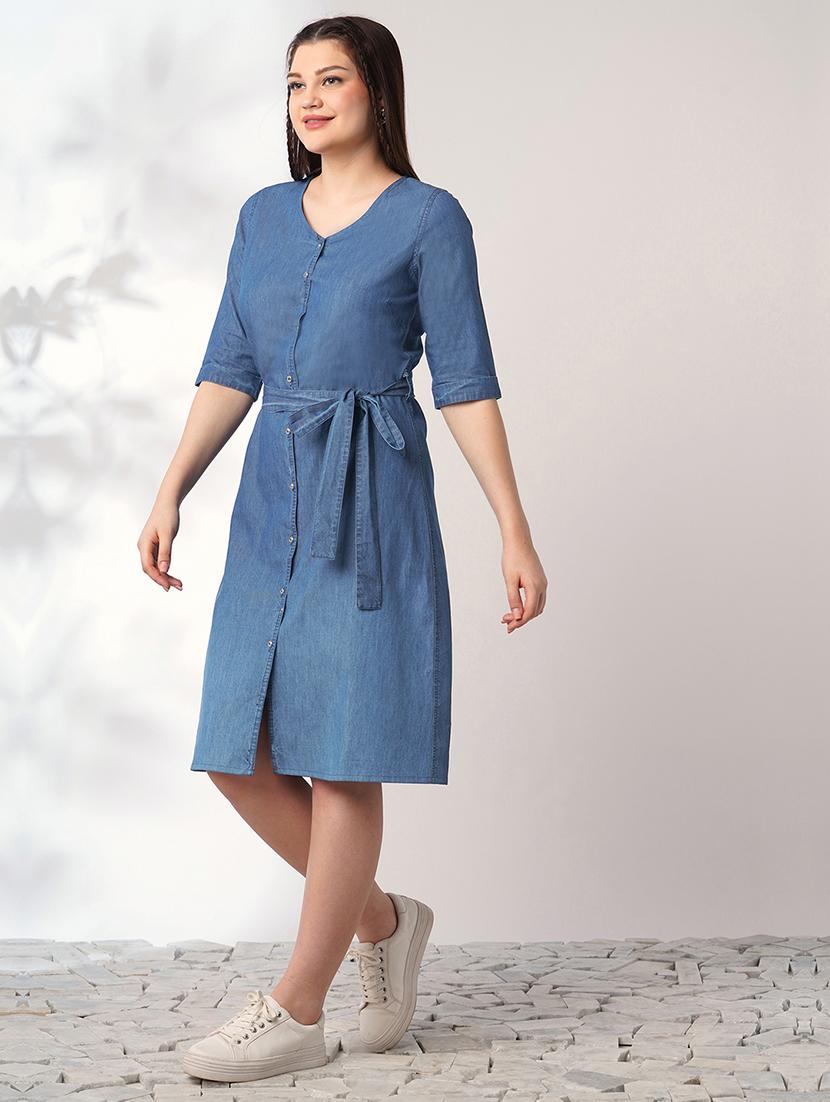 women solid short sleeve denim a-line dress