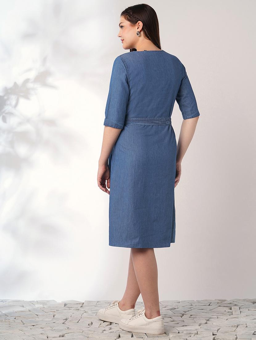 women solid short sleeve denim a-line dress - 21993339 - Standard Image - 2
