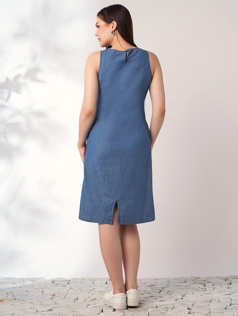 women solid sleeveless denim a-line dress - 21993340 - Standard Image - 2