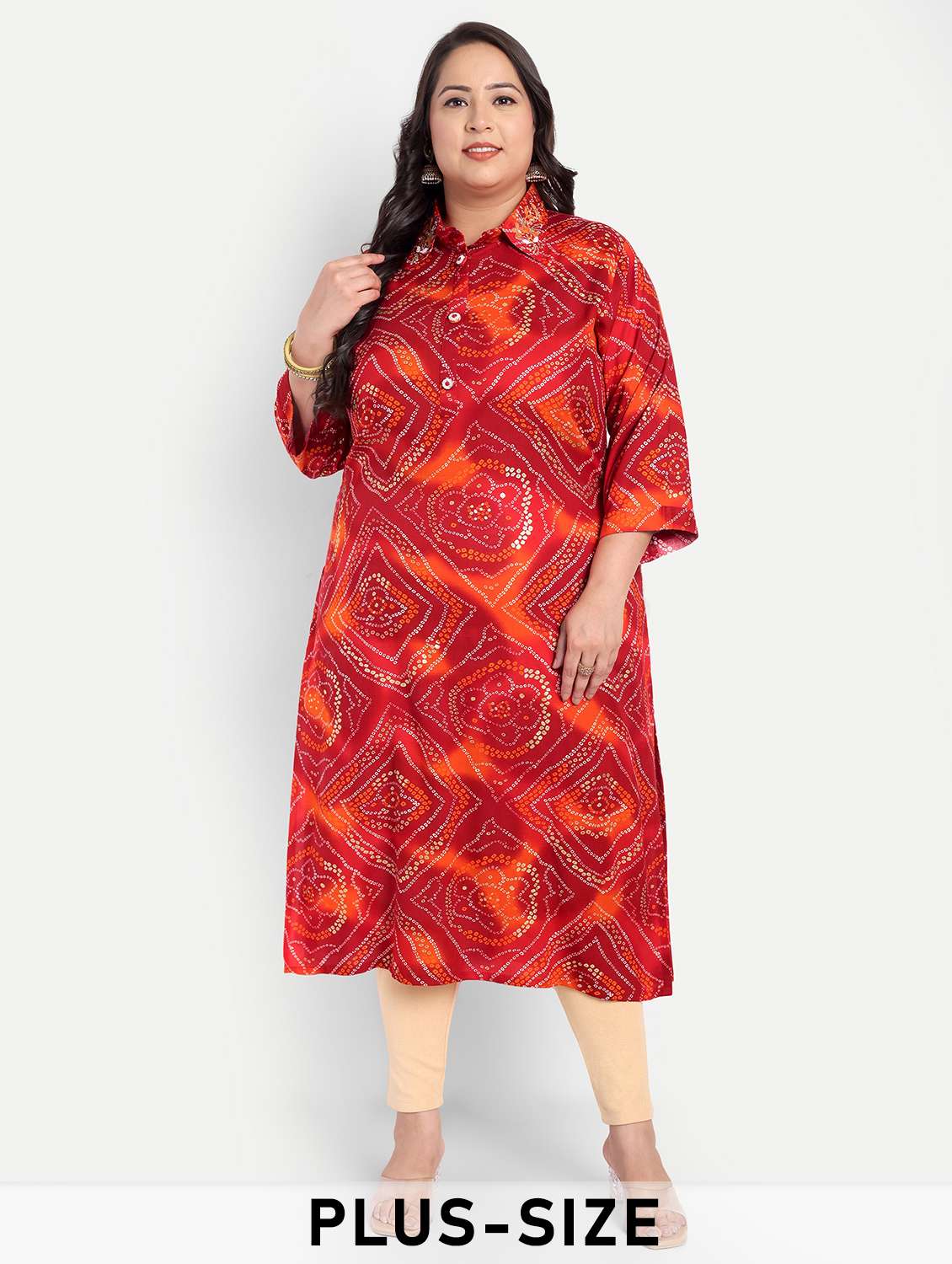 women plus size printed collared straight kurta