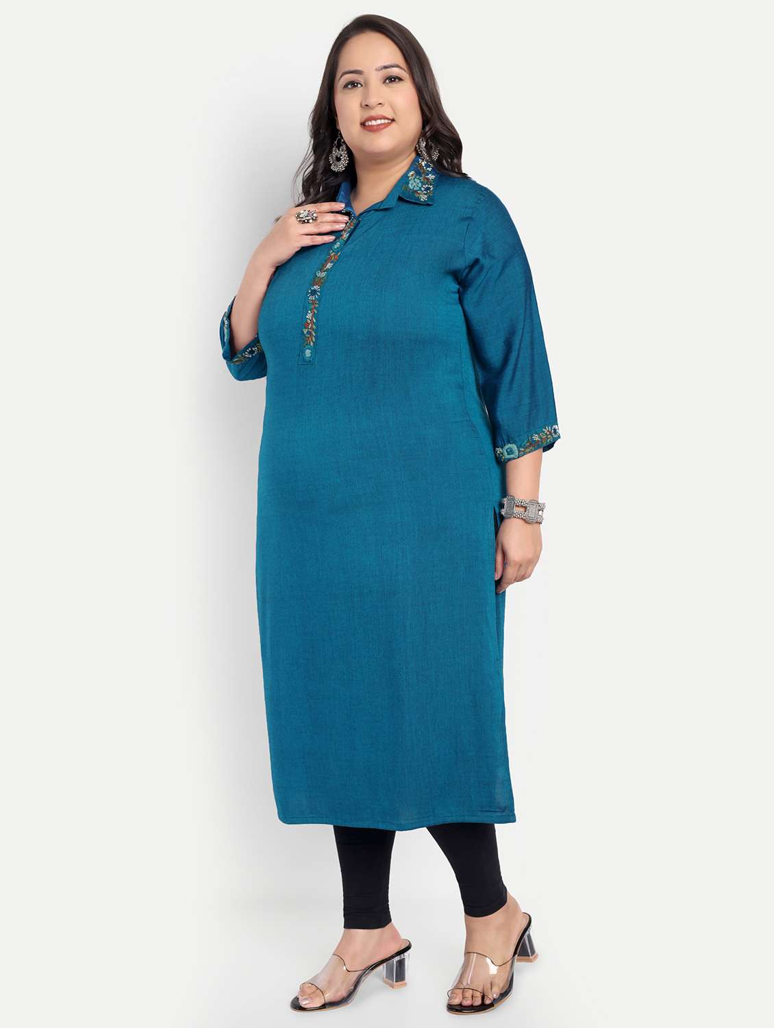 women plus size embroidered collared straight kurta - 21993623 -  Standard Image - 2