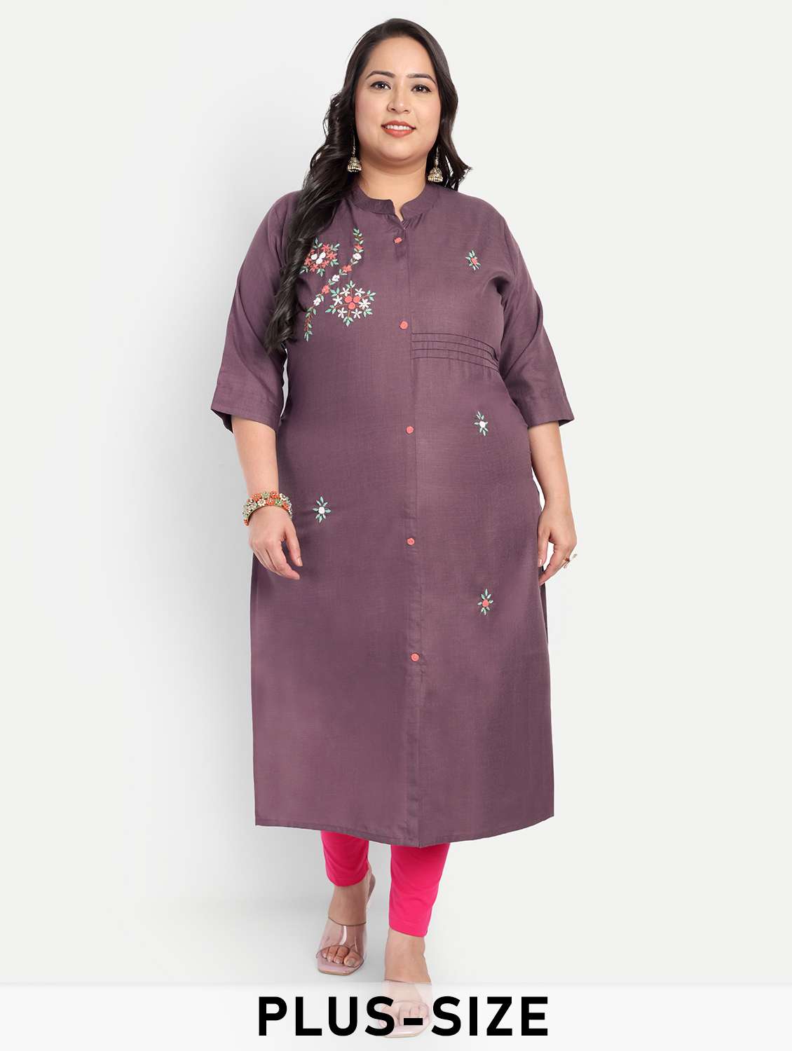 women plus size embroidered mandarin collar straight kurta
