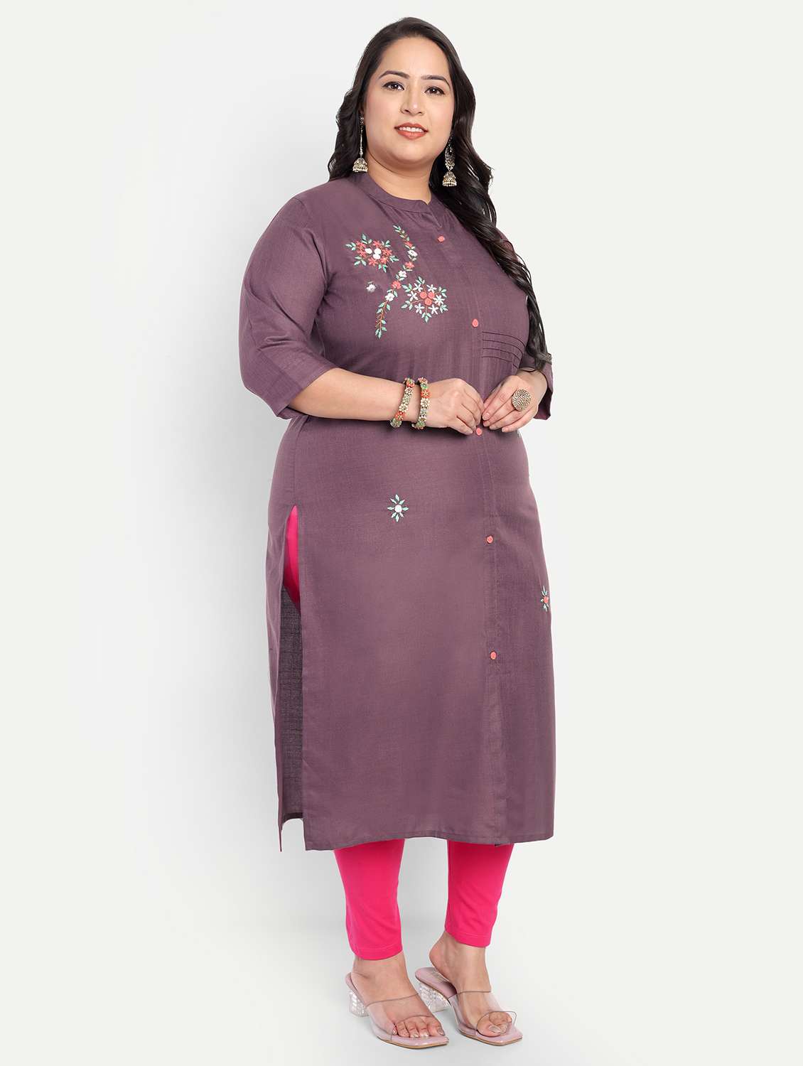 women plus size embroidered mandarin collar straight kurta - 21993625 -  Standard Image - 2