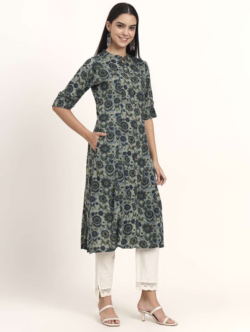 women floral three quarter sleeve a-line kurta - 21993649 - Standard Image - 2
