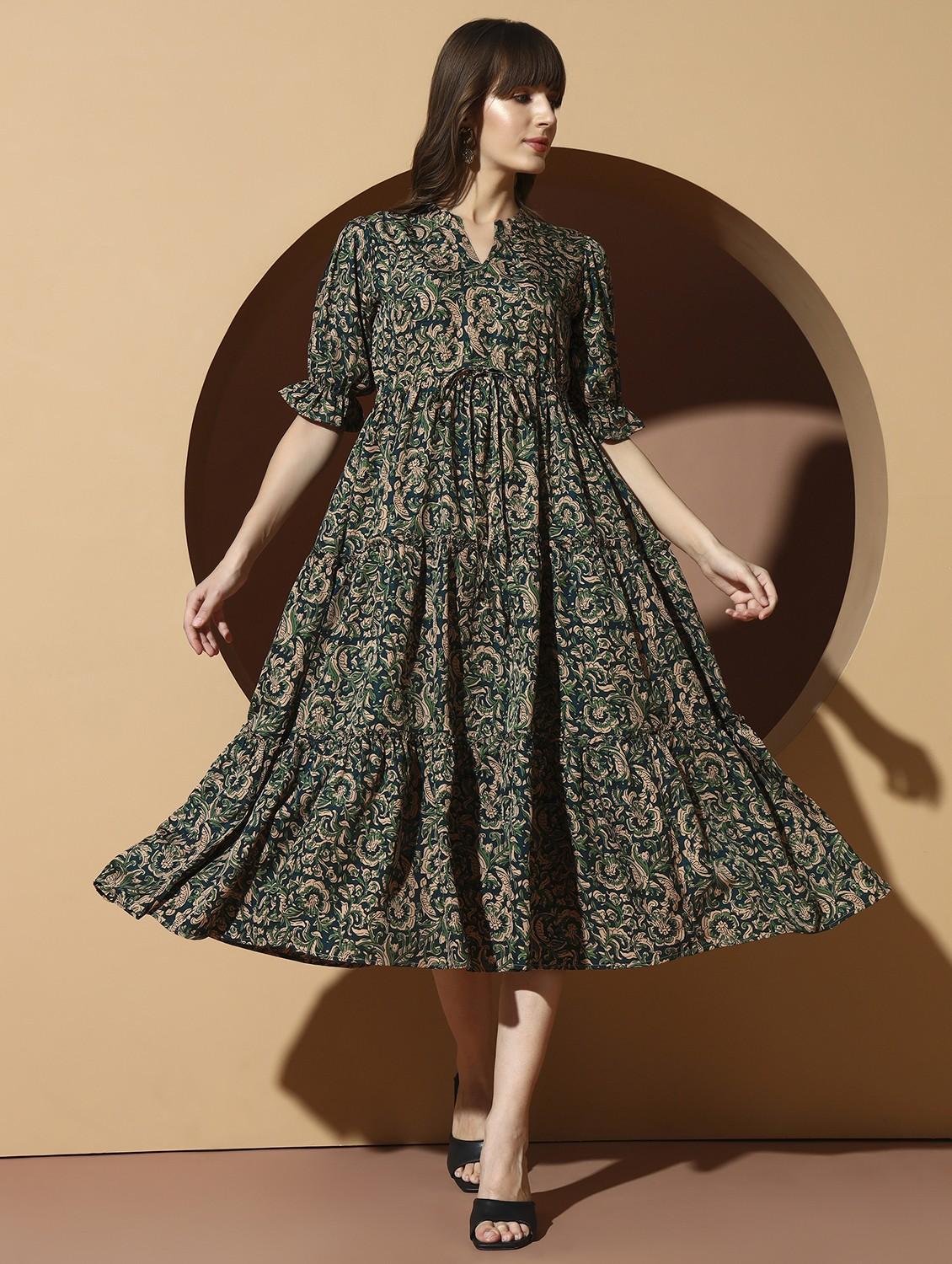 women printed puff sleeve tiered dress - 21993785 - Standard Image - 2