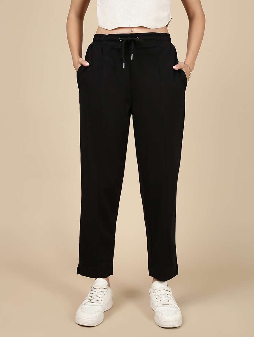 women solid mid rise straight trouser