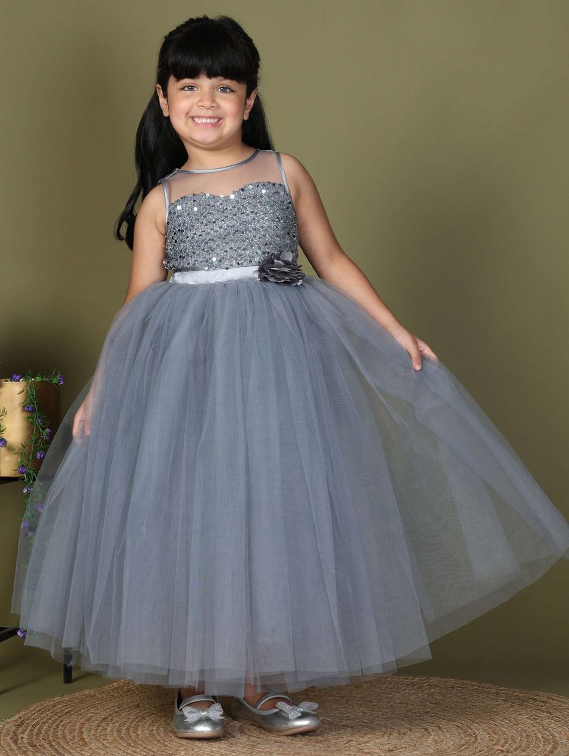 girls grey sequined sleeveless flared party gown