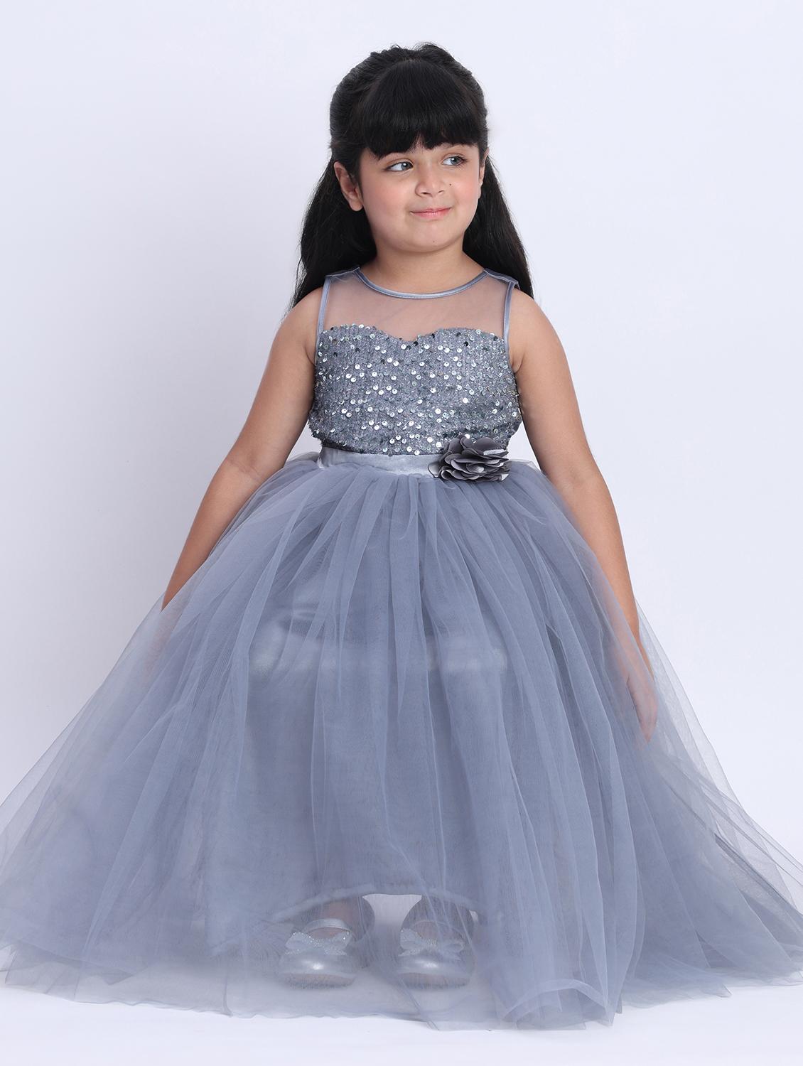 girls grey sequined sleeveless flared party gown - 21993831 - Standard Image - 2