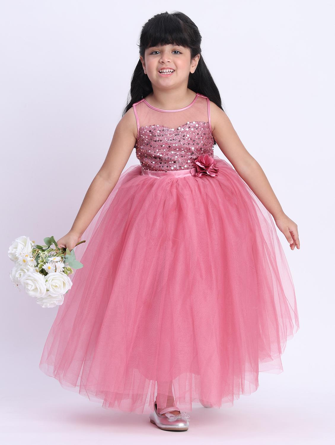 girls pink sequined sleeveless flared party gown