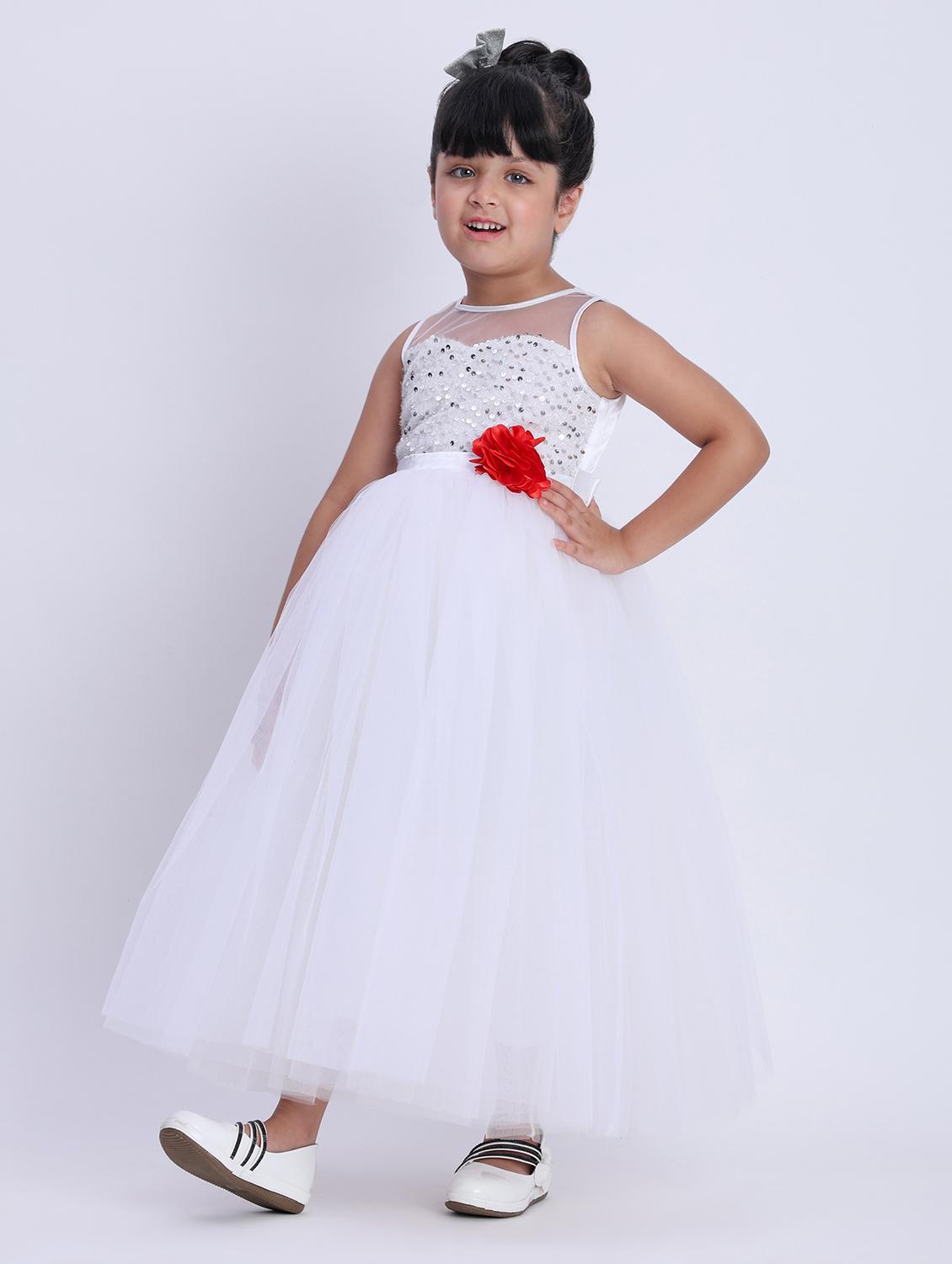 girls white sequined sleeveless flared party gown