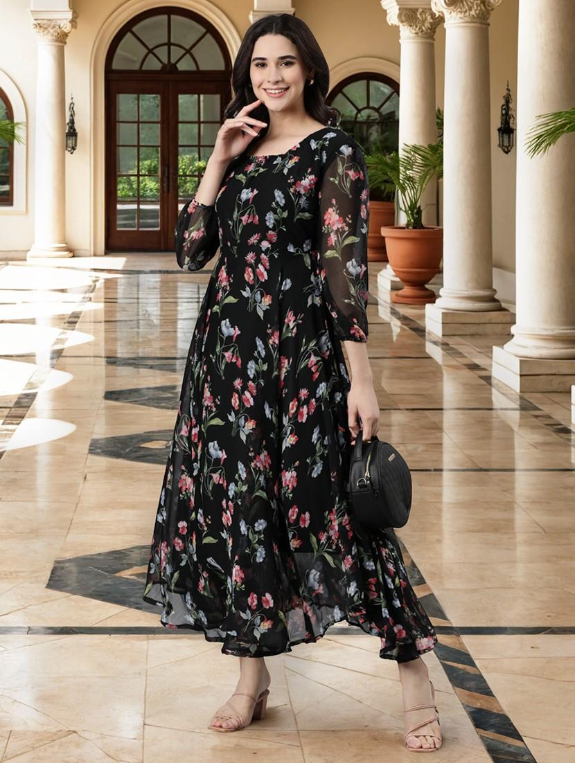 women black floral print fit & flare dress - 21993875 - Standard Image - 2