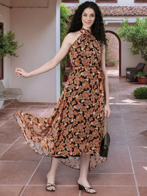 women black floral print halter neck high low dress - 21993876 - Standard Image - 0