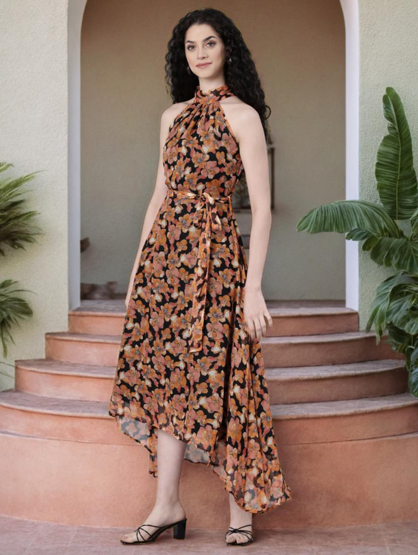 women black floral print halter neck high low dress - 21993876 - Standard Image - 2