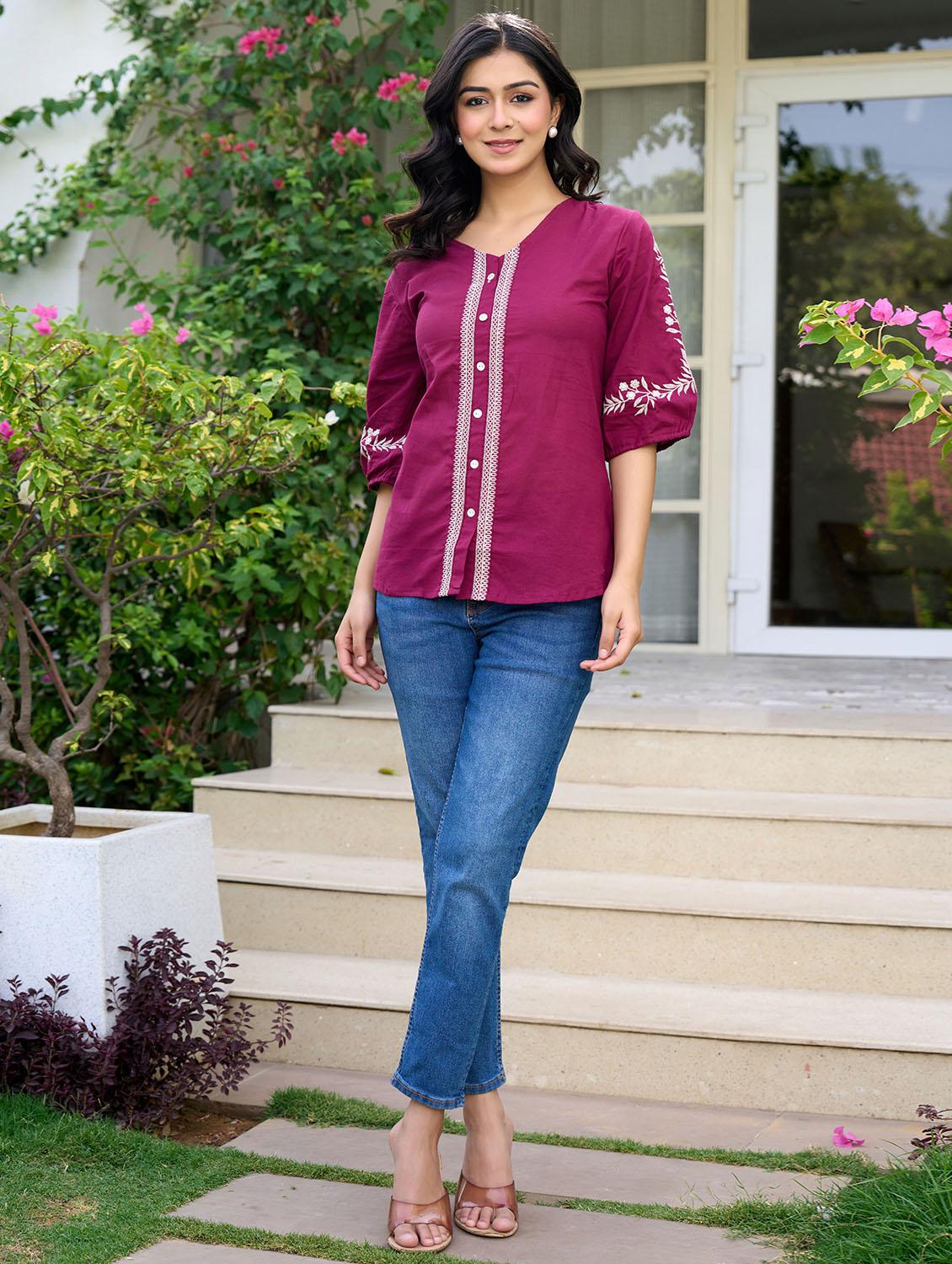 women solid with work puff sleeve ethnic top - 21994517 - Standard Image - 2