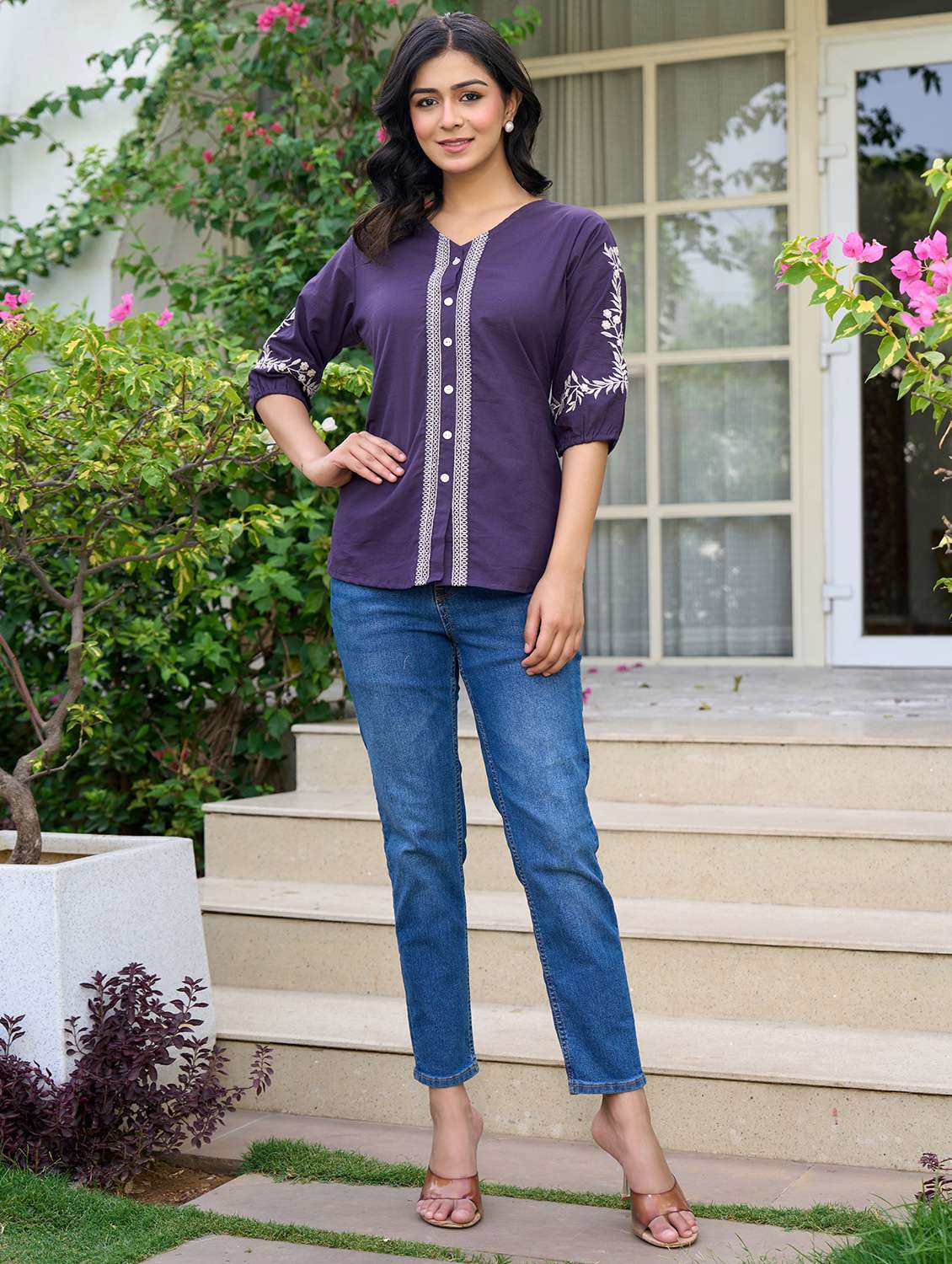 women solid with work puff sleeve ethnic top - 21994520 - Standard Image - 2