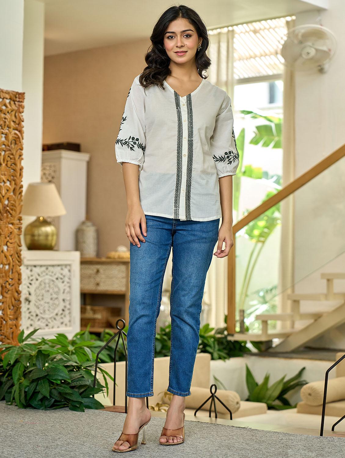 women solid with work puff sleeve ethnic top - 21994521 - Standard Image - 2