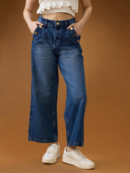 globus women mid blue cotton whiskers effect mid-rise wide leg denim jeans - 21994527 -  Standard Image - 0