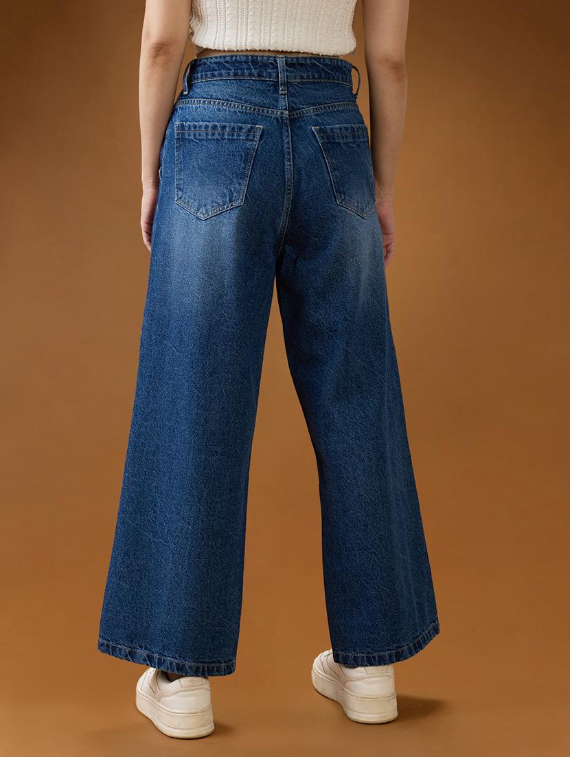globus women mid blue cotton whiskers effect mid-rise wide leg denim jeans - 21994527 - Standard Image - 2