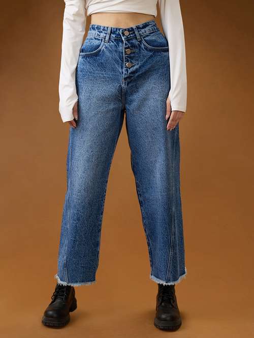 globus women mid blue cotton high-rise light fade frayed hem wide leg denim jeans - 21994528 - Standard Image - 0