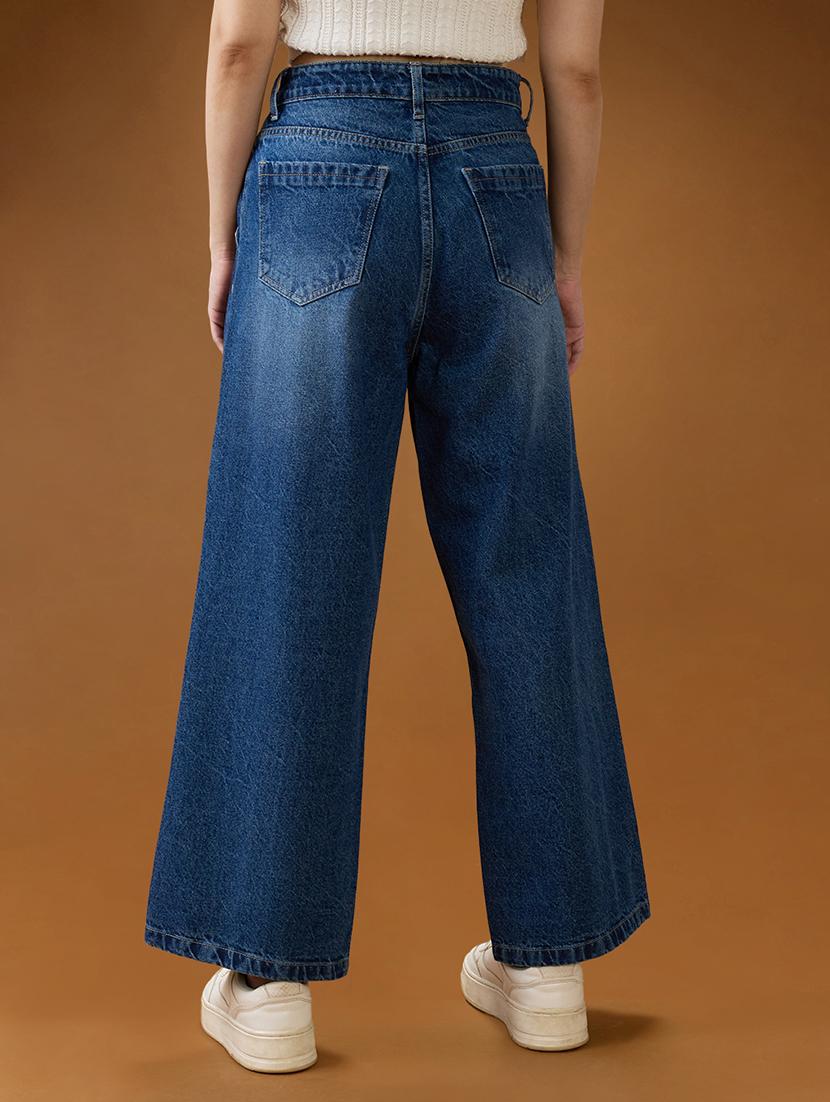 globus women mid blue cotton high-rise light fade frayed hem wide leg denim jeans - 21994528 - Standard Image - 2