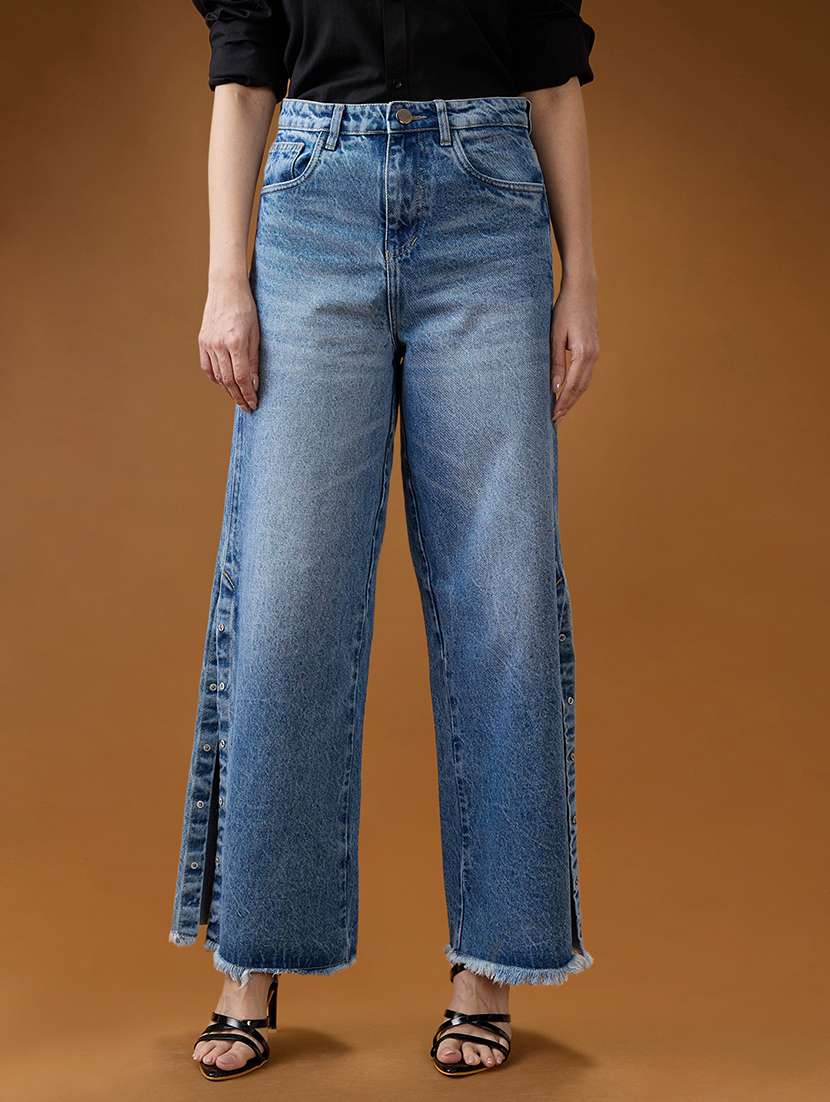 globus women mid blue cotton high-rise light fade frayed hem wide leg denim jeans - 21994529 - Zoom Image - 0
