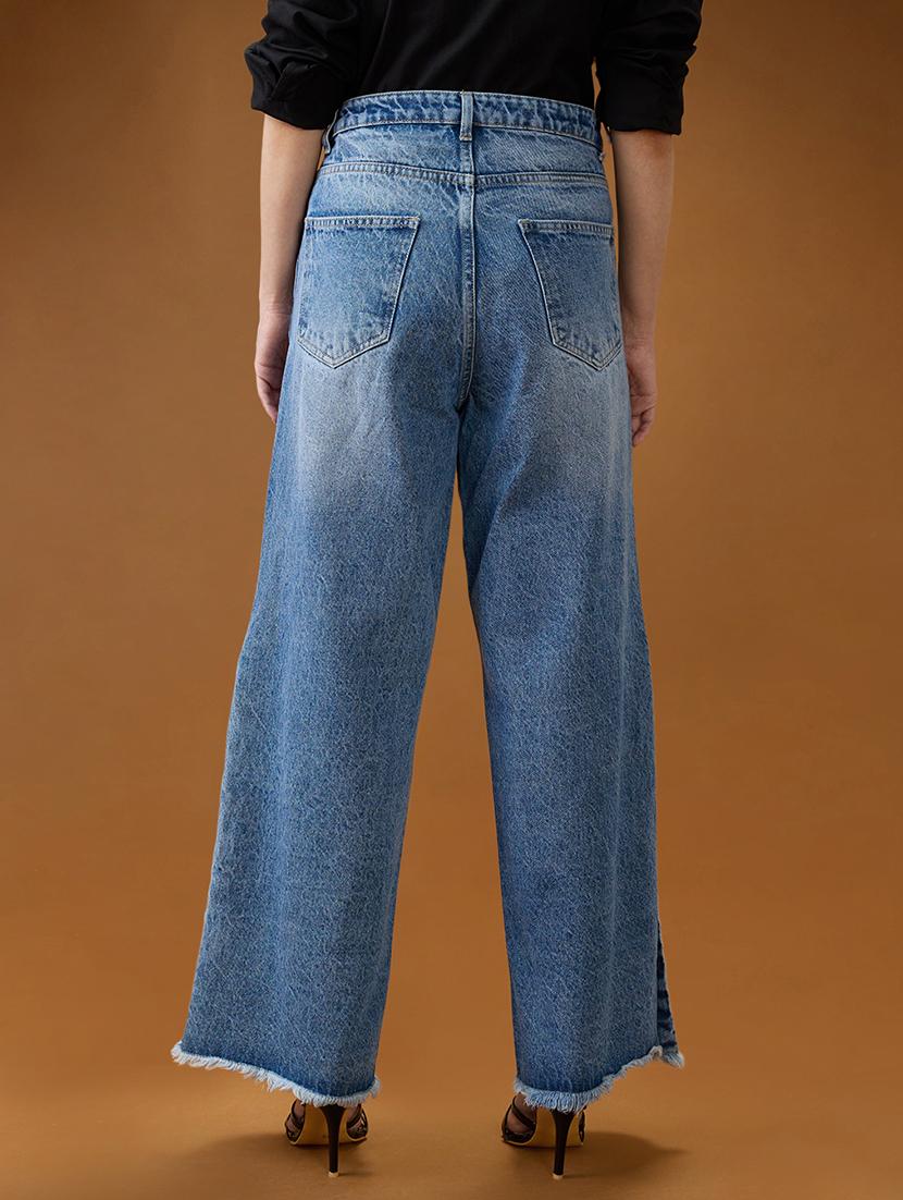 globus women mid blue cotton high-rise light fade frayed hem wide leg denim jeans - 21994529 - Standard Image - 2