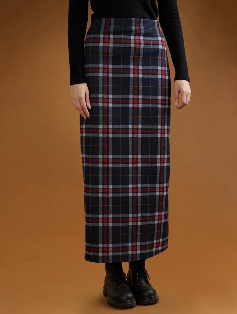 globus women red checked mid-rise side slit straight maxi skirt - 21994532 - Zoom Image - 0