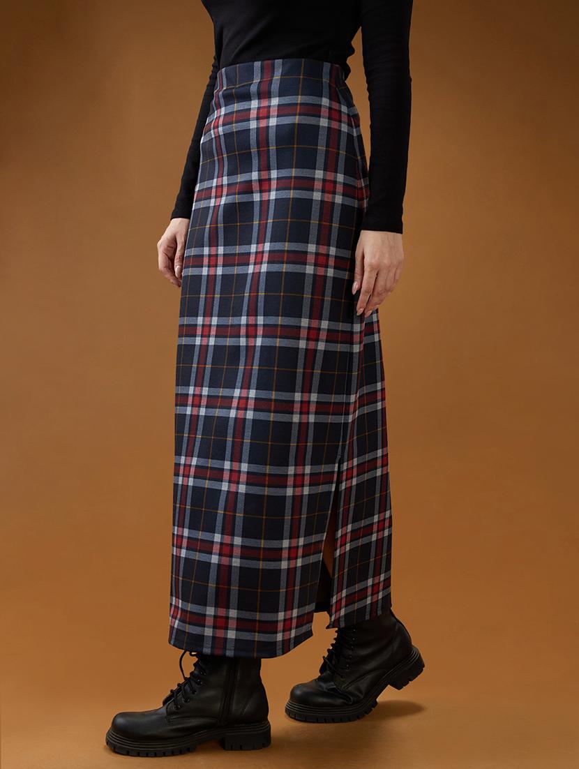globus women red checked mid-rise side slit straight maxi skirt - 21994532 - Standard Image - 2
