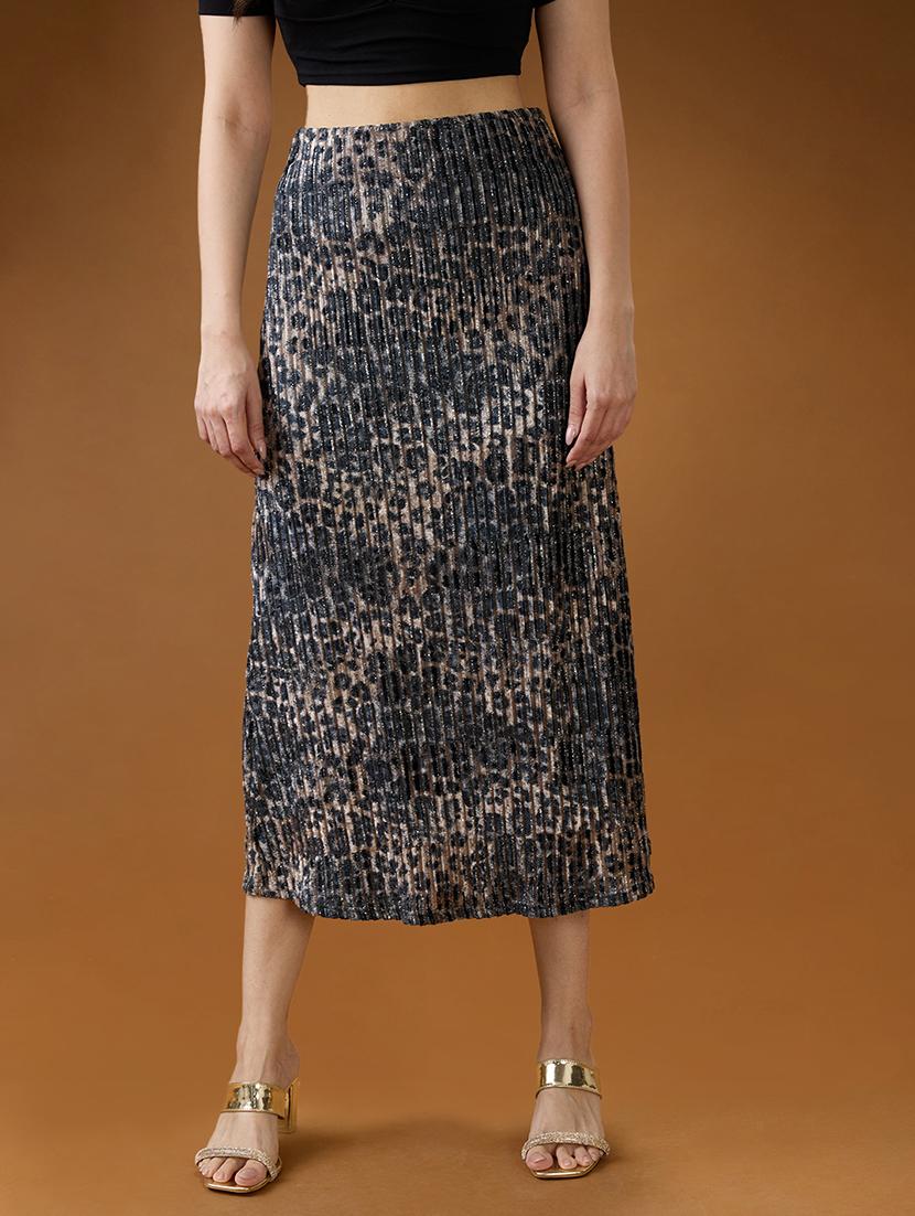 globus women black lurex pleated leopard print shimmer detailing mid-rise a-line midi skirt - 21994536 -  Zoom Image - 0