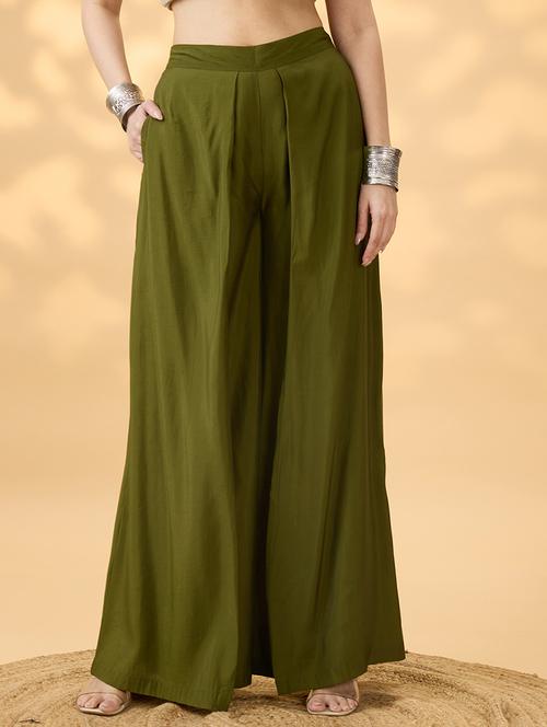 women olive solid high rise flared palazzo - 21994539 -  Standard Image - 0