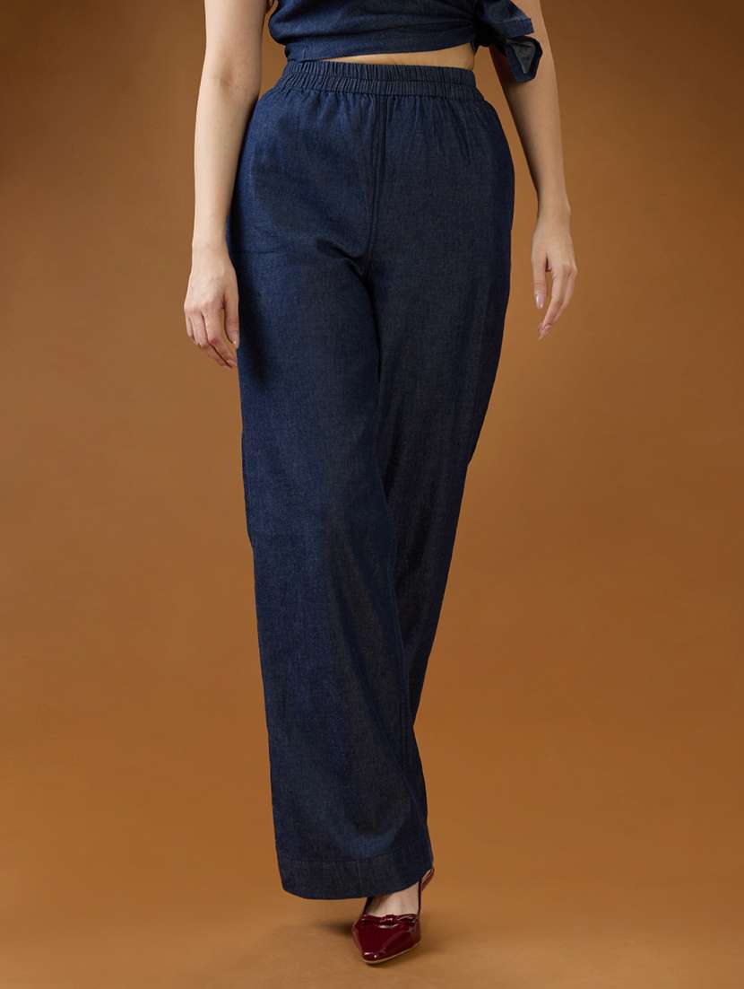 women solid globus women dark blue mid rise pleated relaxed fit wide leg denim trousers rise denim straight trouser