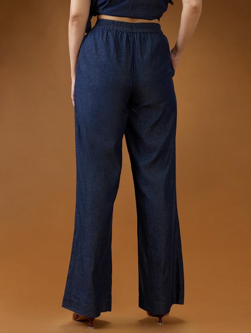 women solid globus women dark blue mid rise pleated relaxed fit wide leg denim trousers rise denim straight trouser - 21994541 - Standard Image - 2