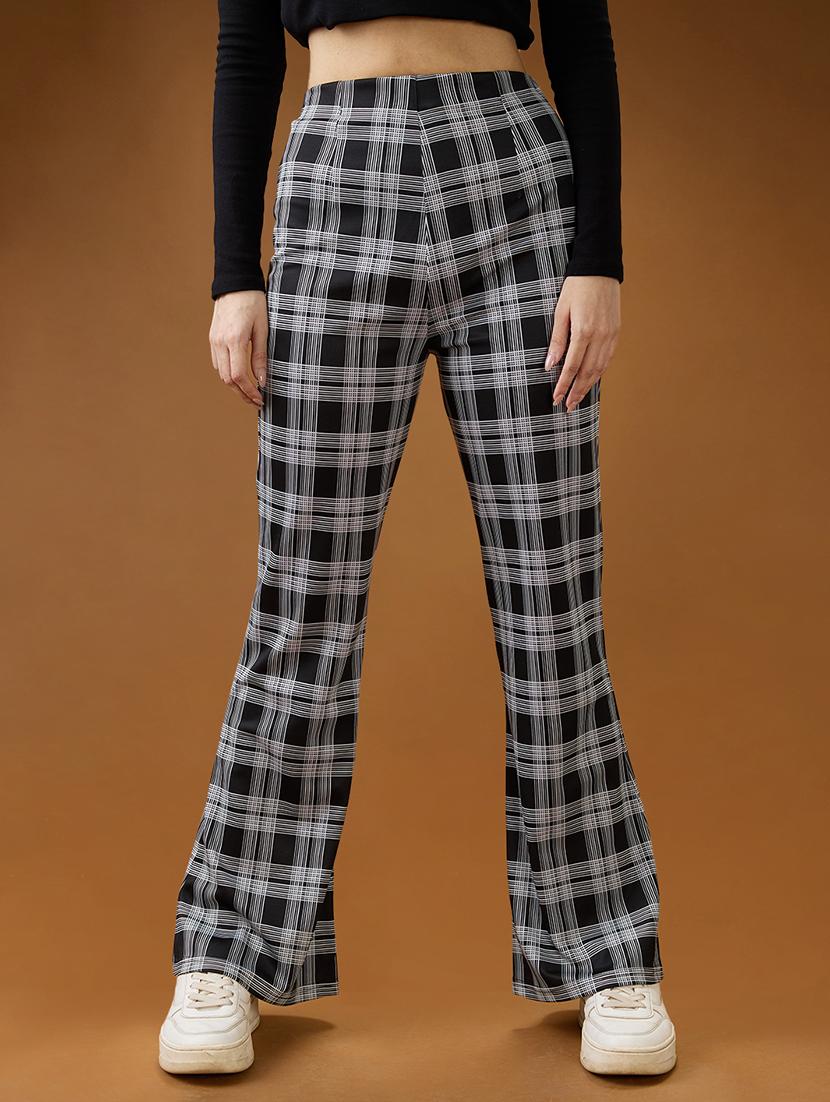 globus women black checkered mid rise flared trousers