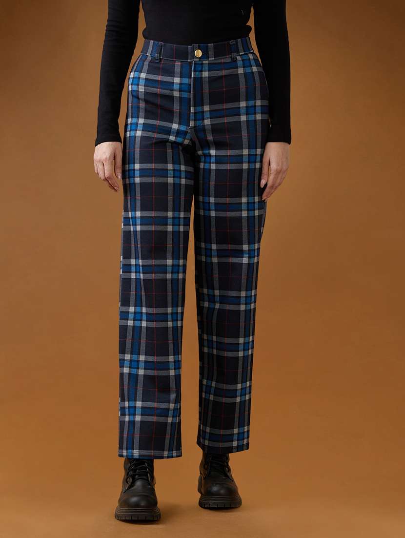 women globus women blue checks mid rise straight fit formal trousers mid rise straight trouser