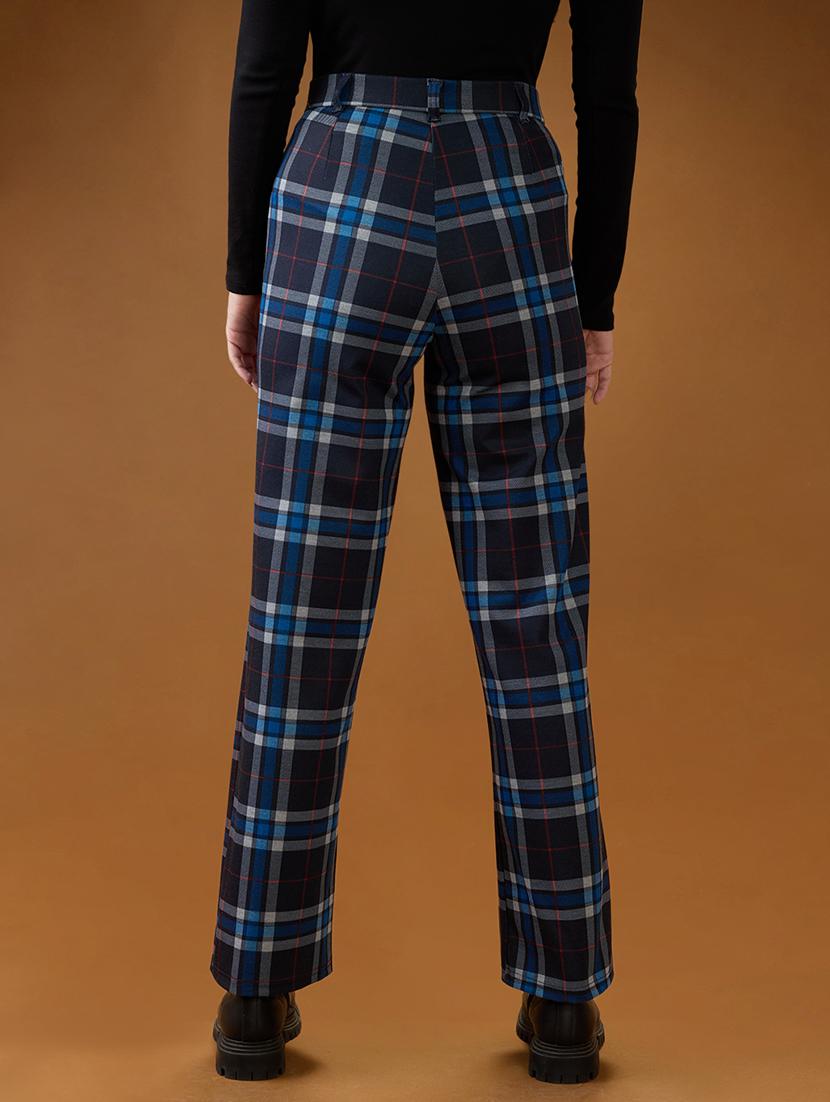 women globus women blue checks mid rise straight fit formal trousers mid rise straight trouser - 21994544 - Standard Image - 2