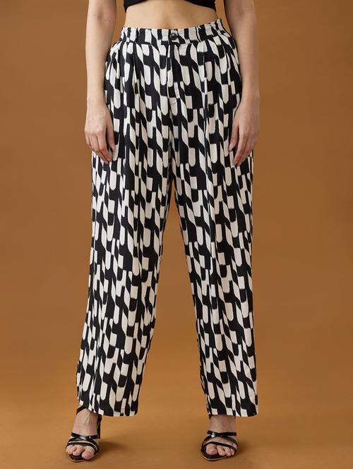 globus women black & white abstract print mid rise relaxed fit trousers - 21994545 -  Standard Image - 0