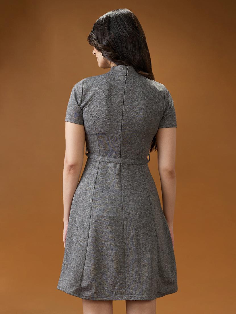 women solid mock neck bleated a-line dress - 21994549 - Standard Image - 2