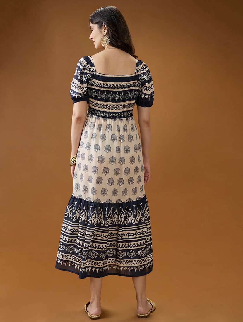globus women blue square neck puff sleeves ethnic print smocked tiered fit & flare midi dress - 21994551 -  Standard Image - 2
